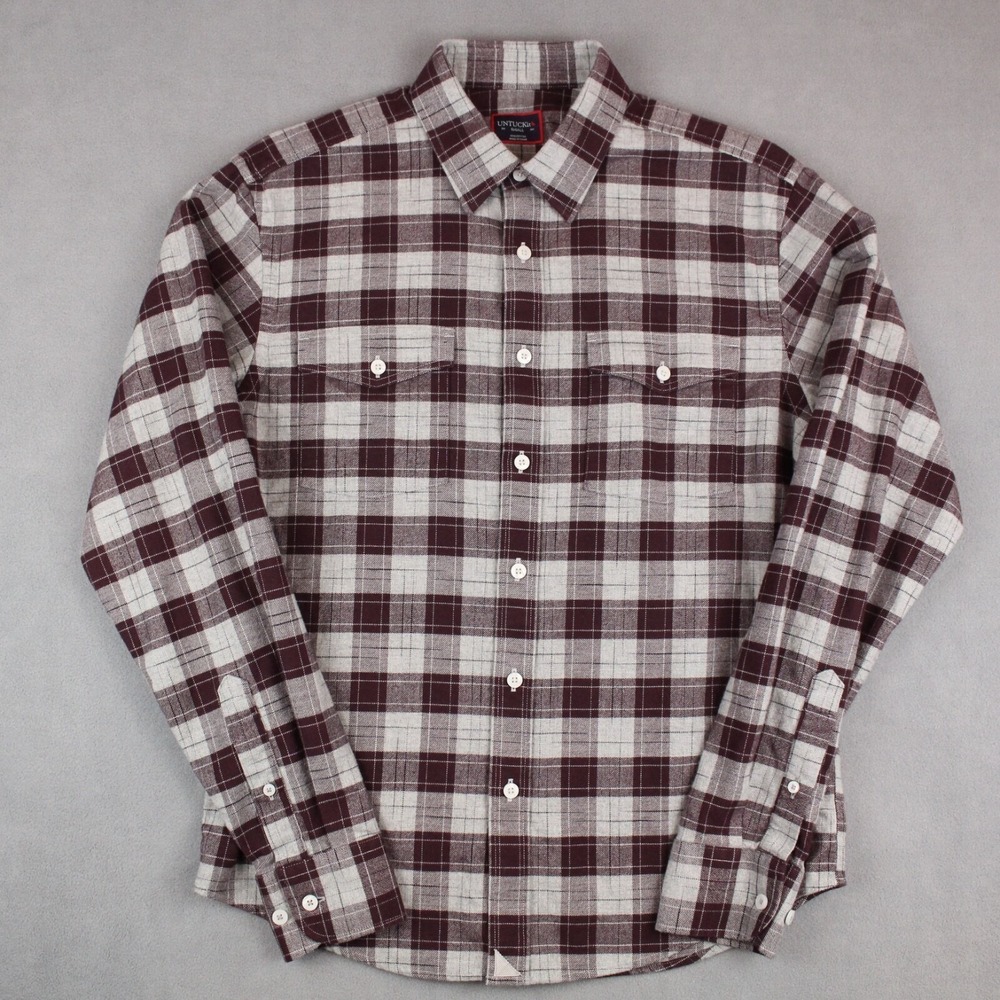 Untuckit Hezog Reg Fit Shirt Mens Small Maroon Plaid Flannel Long Sleeve Cotton